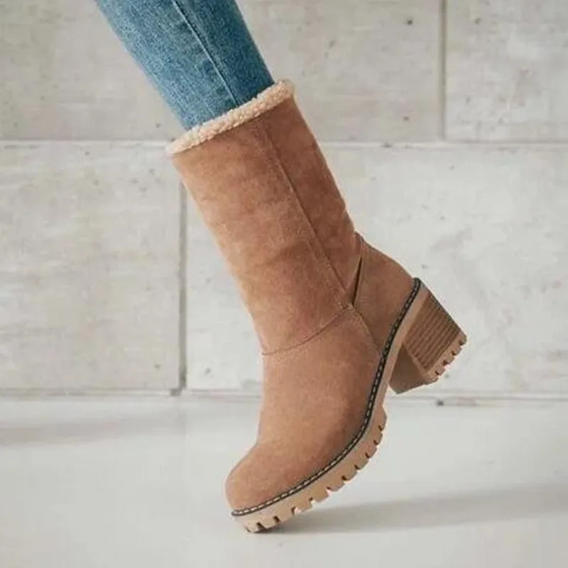 Amazon New Chunky Heel High Heel Mid-Calf Snow Boots Large Size Shoes