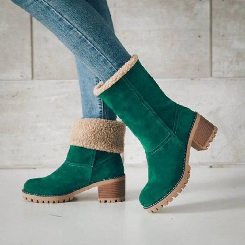 Amazon New Chunky Heel High Heel Mid-Calf Snow Boots Large Size Shoes