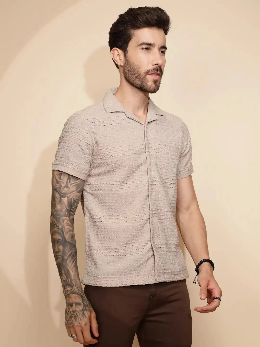 Beige Polyester Blend Regular Fit Shirt For Men