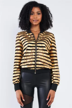 Black And Gold Horizontal Stripe Semi-Sheer Mesh Throw On Jacket /2-2-2