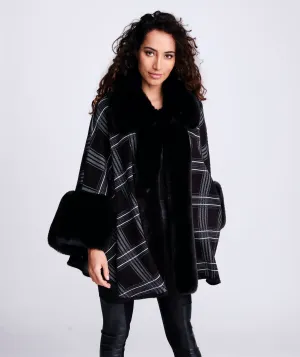 Black Check Wrap with Faux Fur Trim and Half Length Sleeves