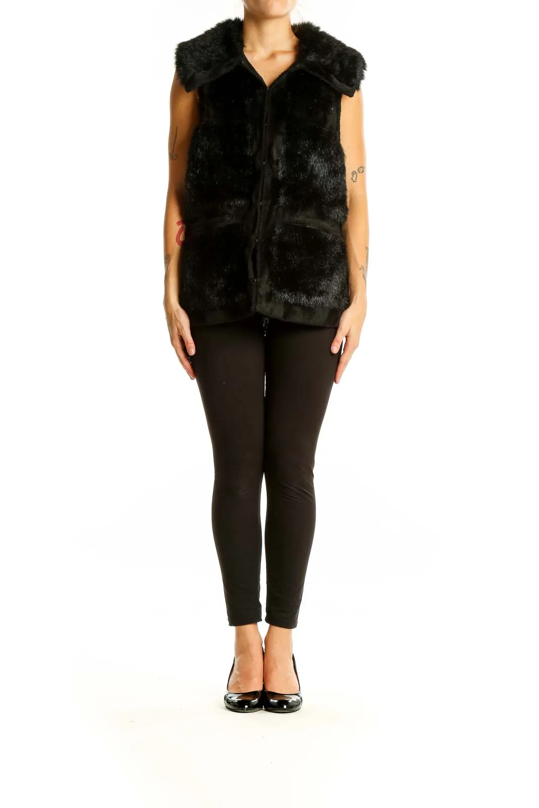 Black Faux Fur Zip-Up Vest