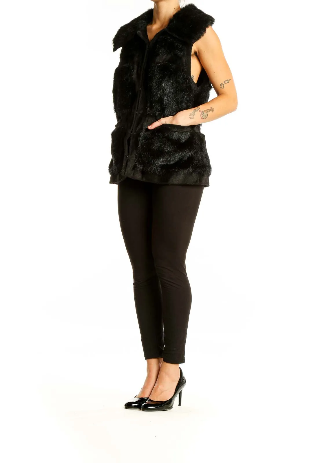 Black Faux Fur Zip-Up Vest