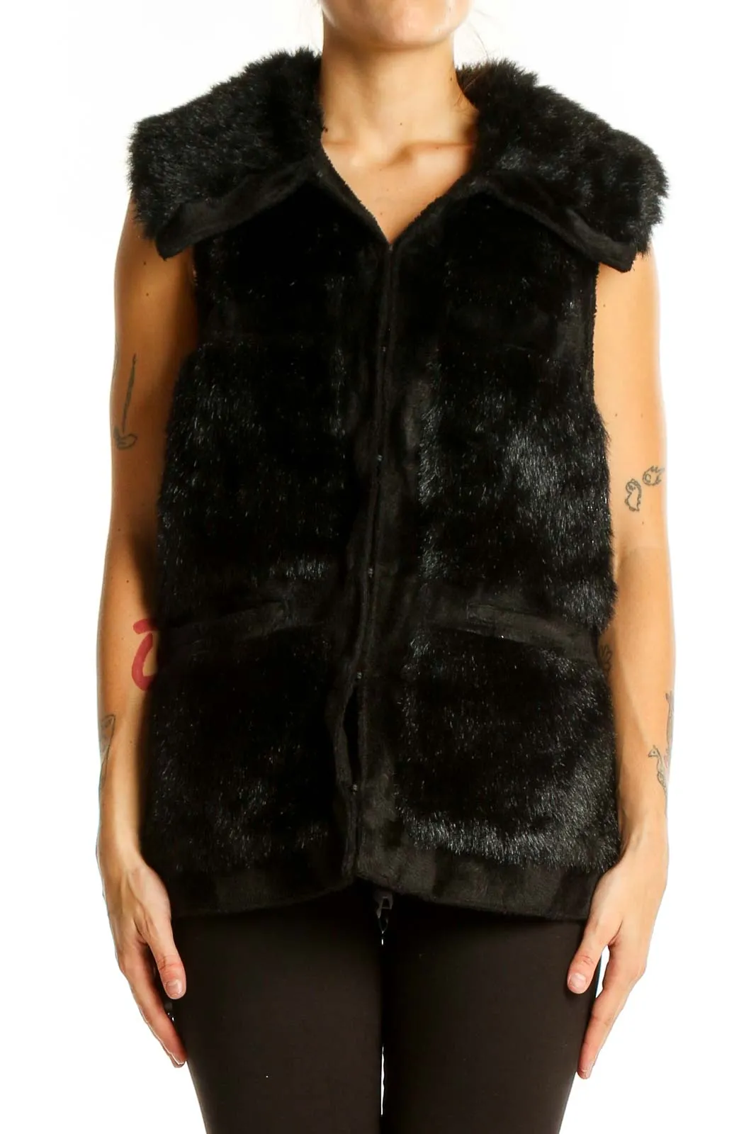 Black Faux Fur Zip-Up Vest