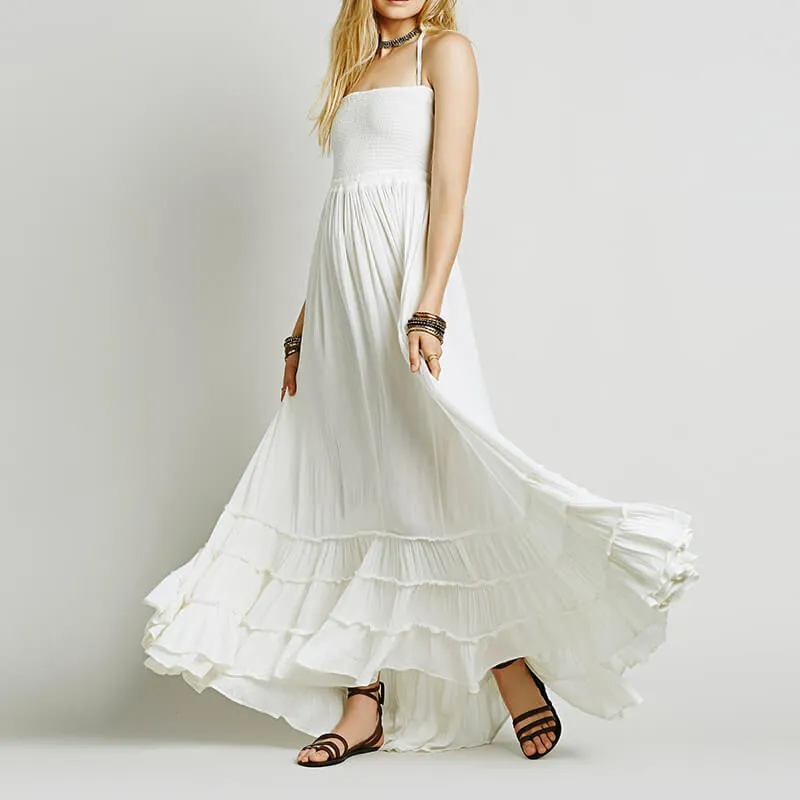 Bohemian Halter Backless Pleated Beach Dress