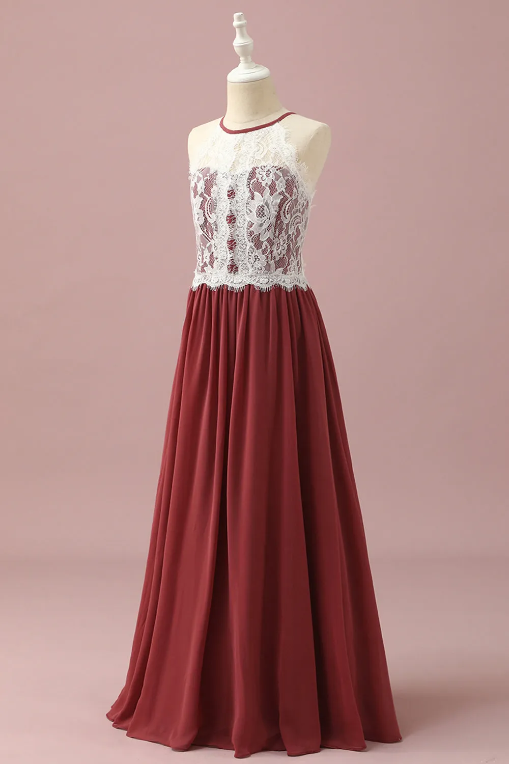 Burgundy Halter Lace and Chiffon Junior Bridesmaid Dress