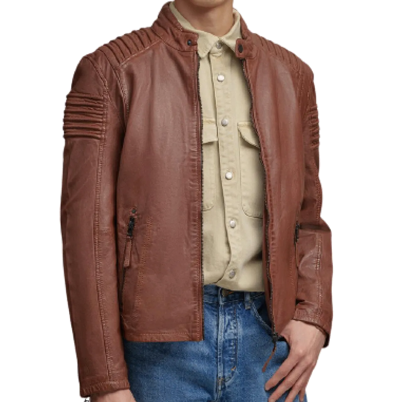 Casual Stylish Brown Fitted Motorcycle Sheepskin Leather Jacket Men