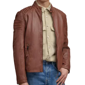 Casual Stylish Brown Fitted Motorcycle Sheepskin Leather Jacket Men