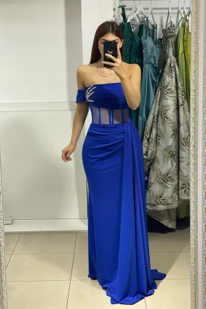 Charming Long Blue Strapless Column Prom Dress With Rhinestone