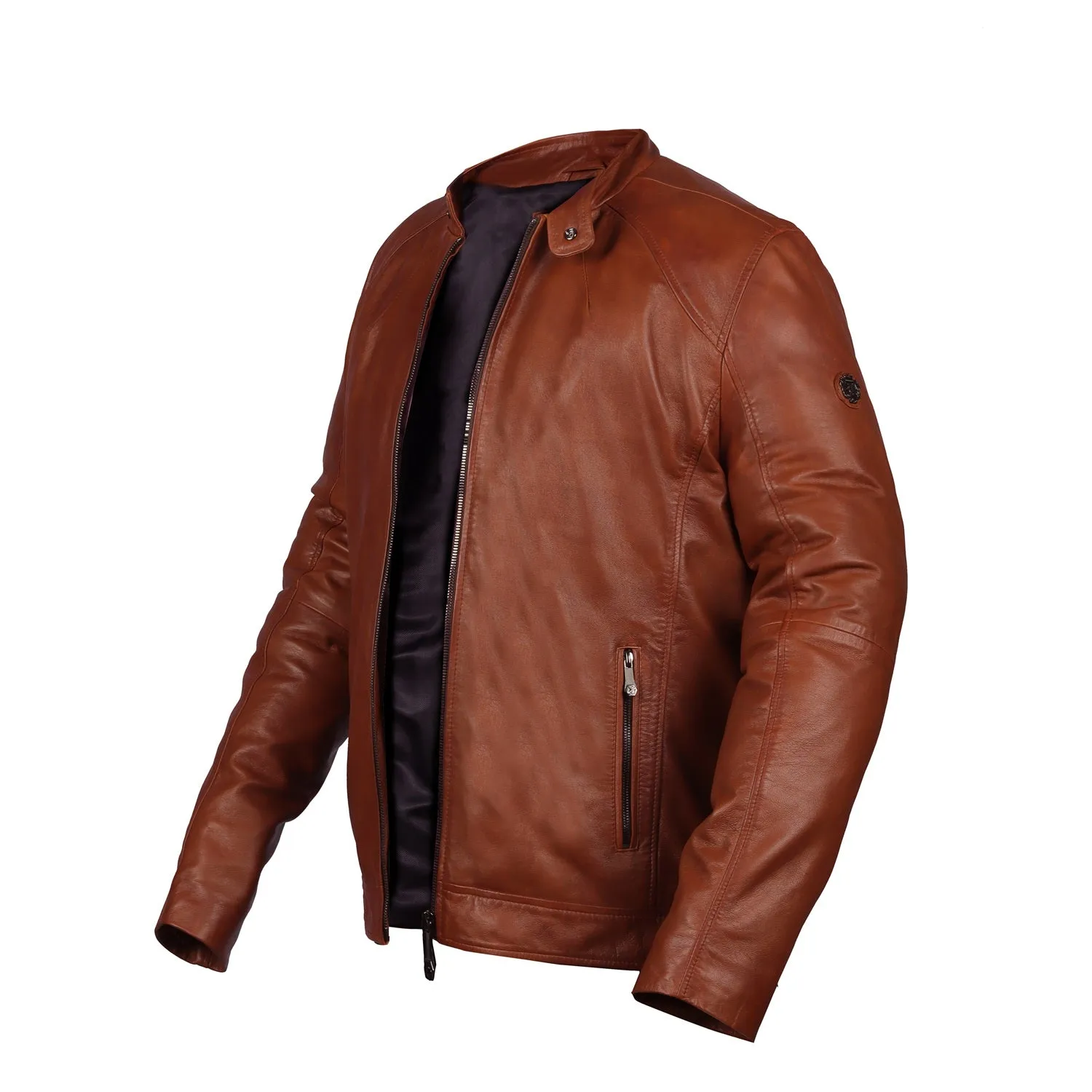 Classic Tan Ban Neck Collar Front Zipper Pockets Men's Leather Jacket By Brune & Bareskin