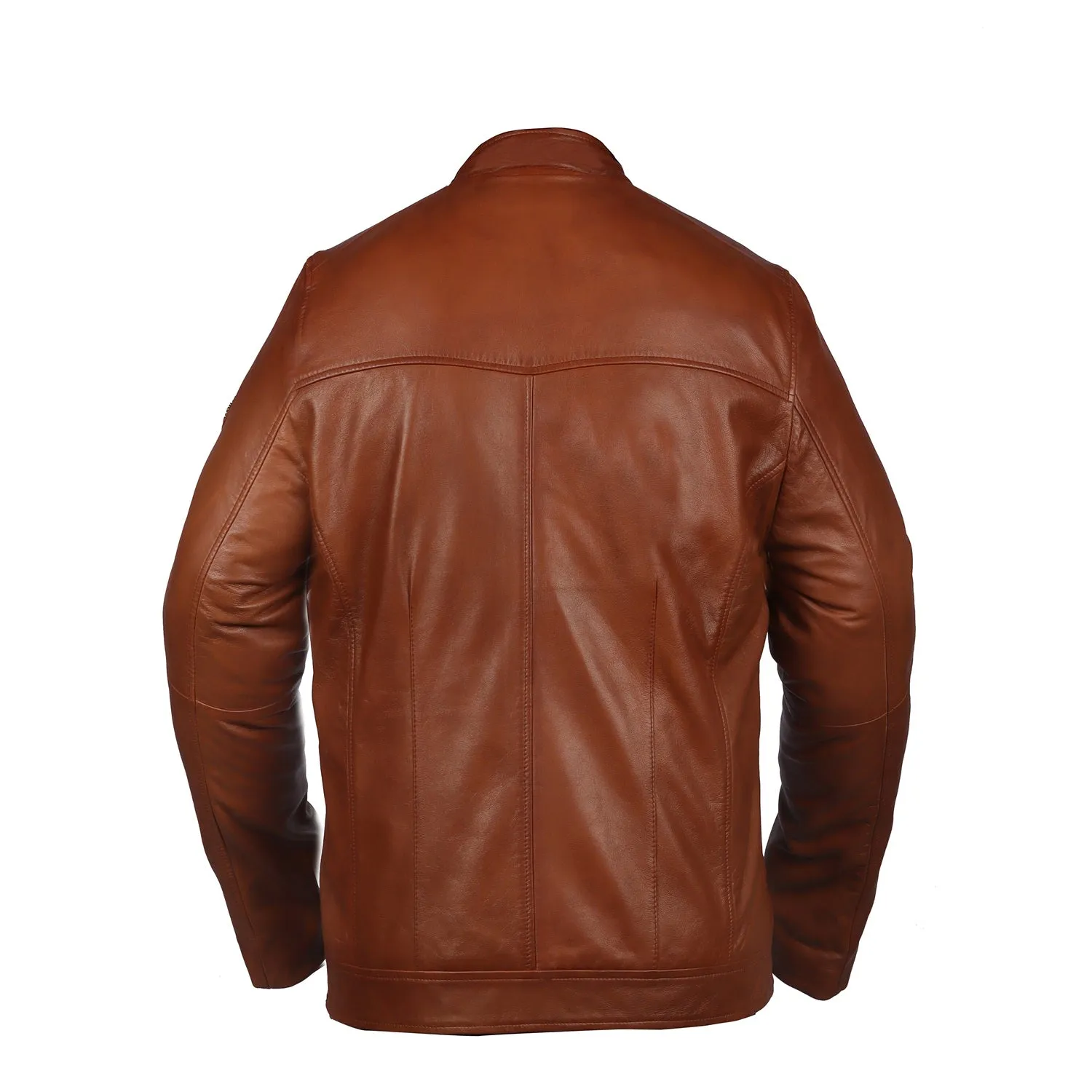 Classic Tan Ban Neck Collar Front Zipper Pockets Men's Leather Jacket By Brune & Bareskin