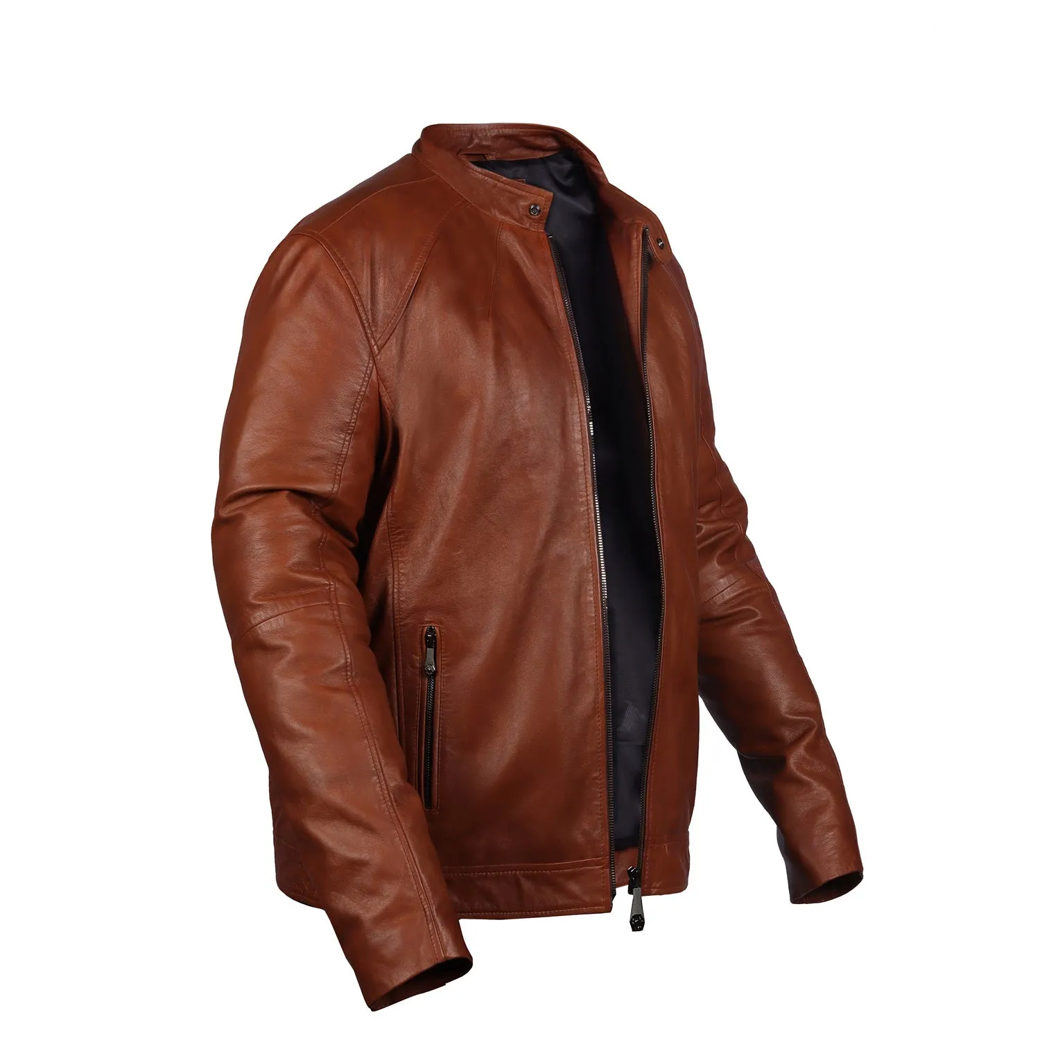 Classic Tan Ban Neck Collar Front Zipper Pockets Men's Leather Jacket By Brune & Bareskin