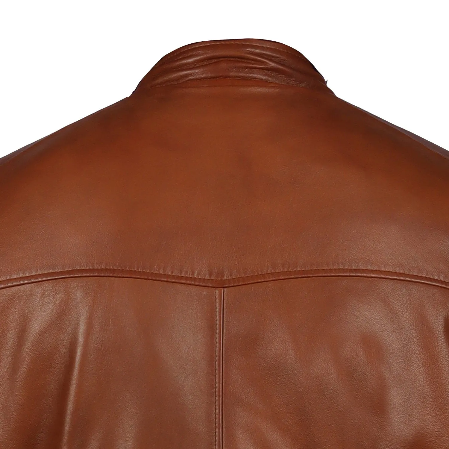 Classic Tan Ban Neck Collar Front Zipper Pockets Men's Leather Jacket By Brune & Bareskin