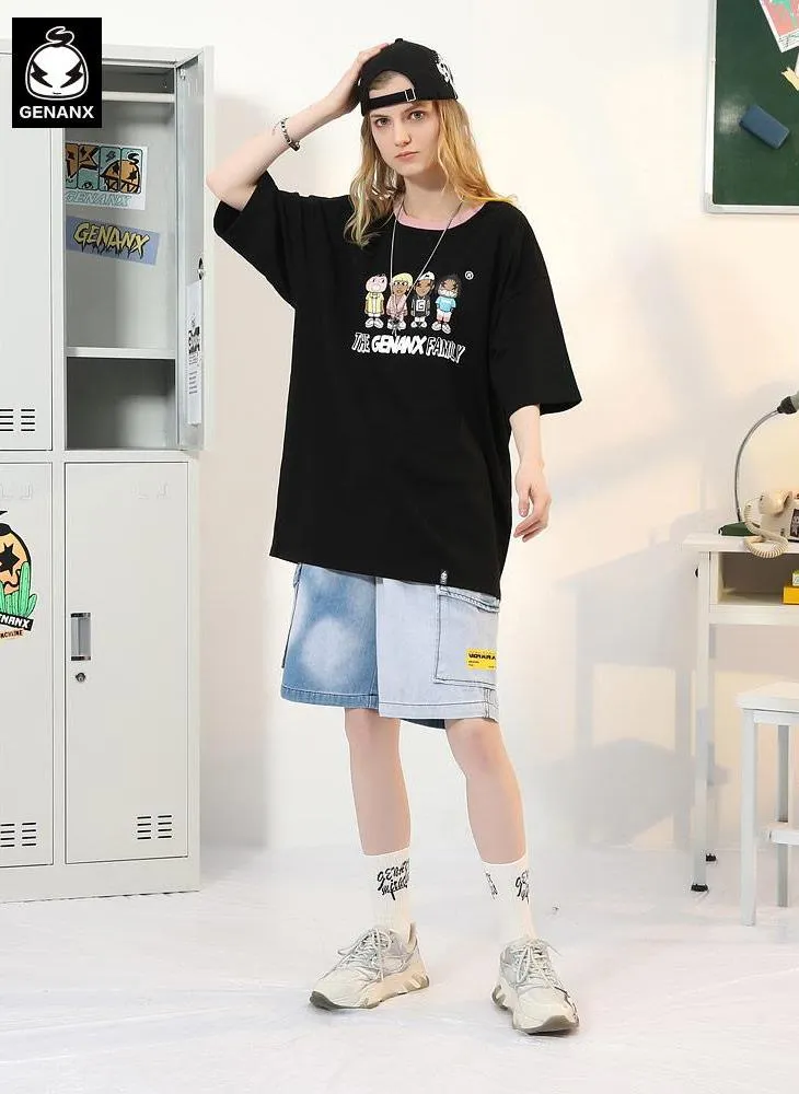 Color Block Round Neck Cartoon Letter Print Drop-Shoulder Sleeve T-Shirt