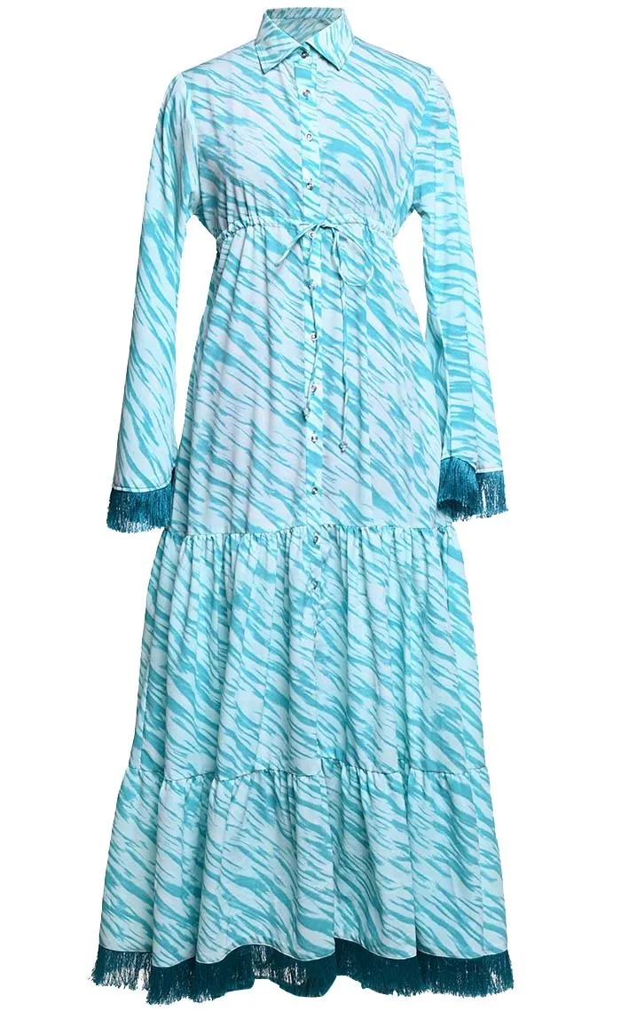 Comfortable Printed Button Down Abaya With Intricate Lace