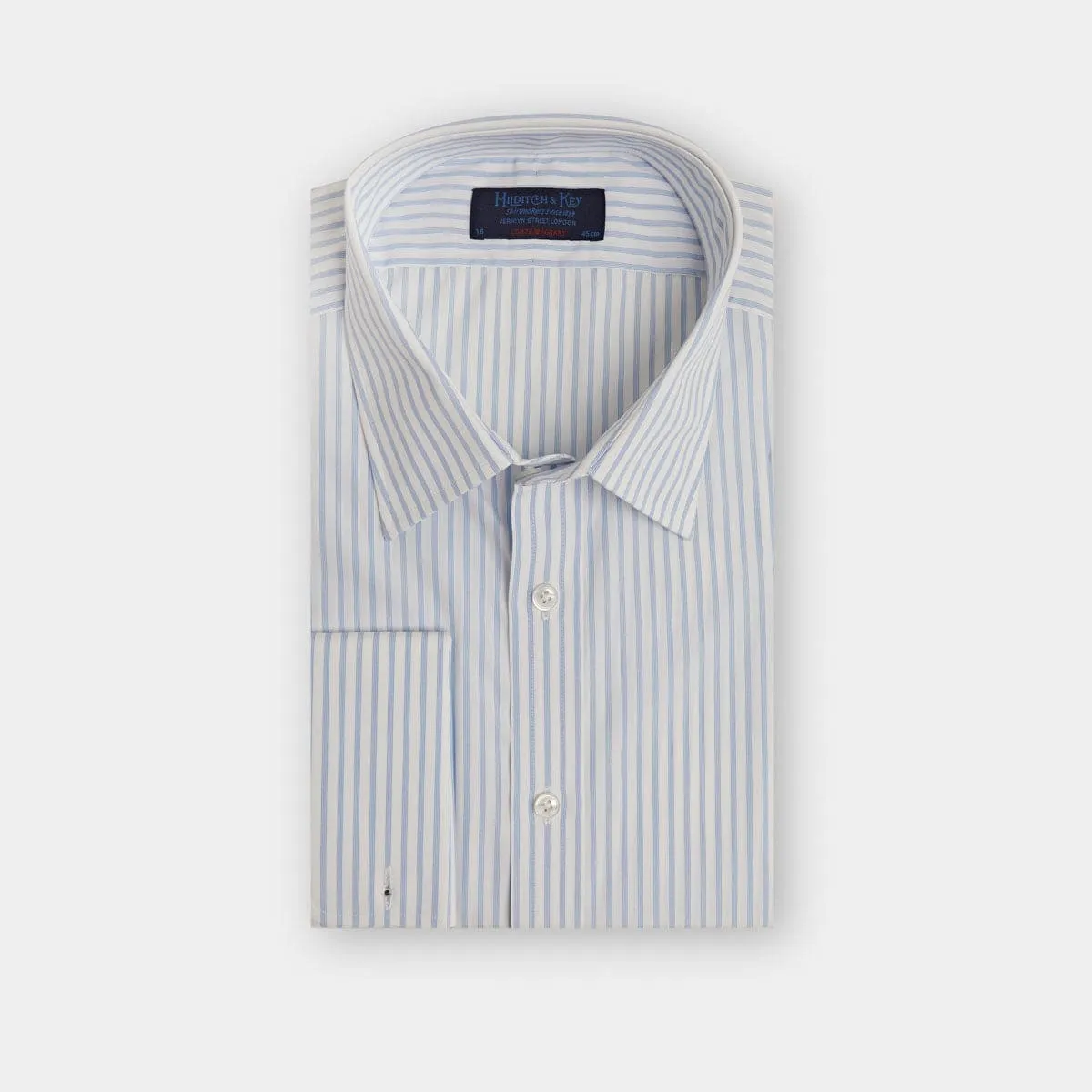 Contemporary Fit, Classic Collar, Double Cuff Shirt In White With Light Blue Fine Pin Stripe