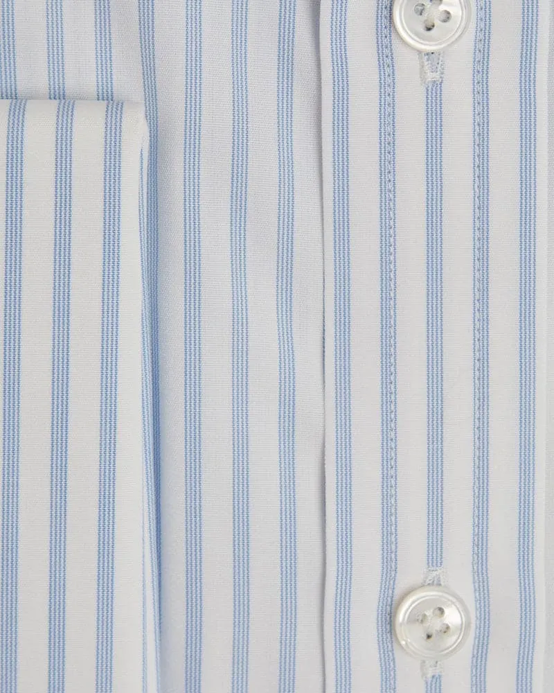 Contemporary Fit, Classic Collar, Double Cuff Shirt In White With Light Blue Fine Pin Stripe