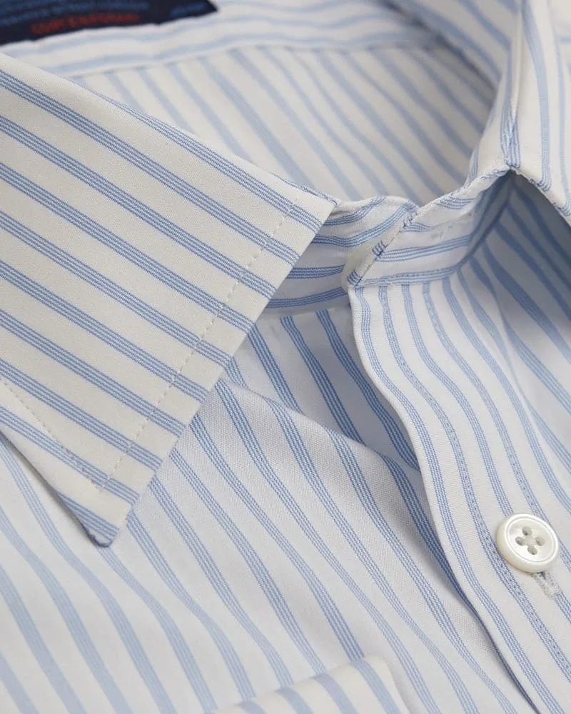 Contemporary Fit, Classic Collar, Double Cuff Shirt In White With Light Blue Fine Pin Stripe