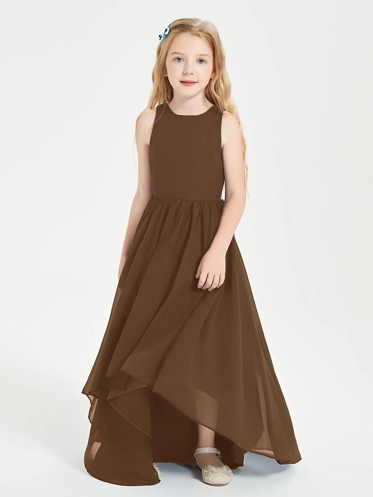 Exquisite Asymmetrical Junior Bridesmaid Dresses Scoop Neck Brown