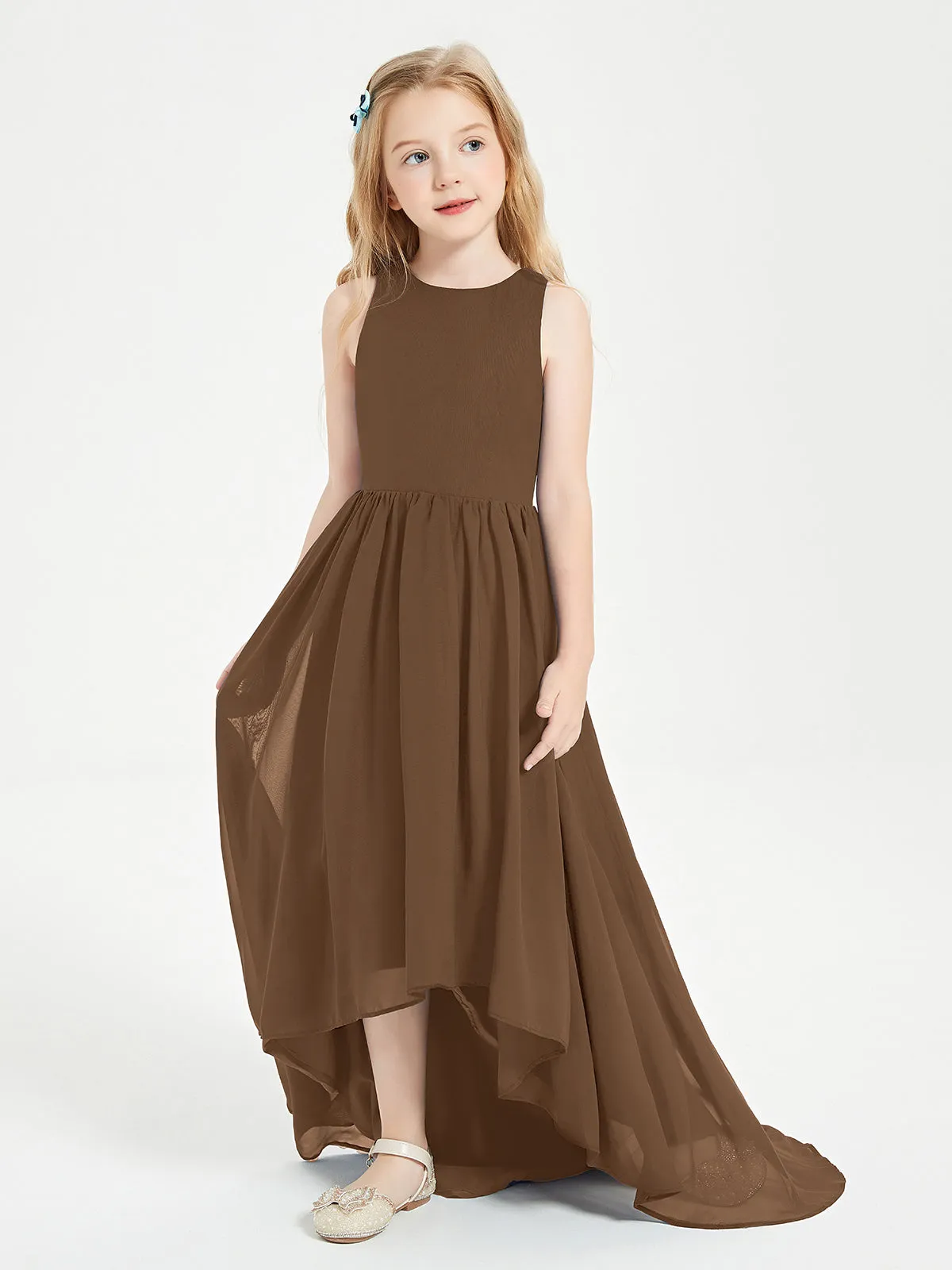 Exquisite Asymmetrical Junior Bridesmaid Dresses Scoop Neck Brown