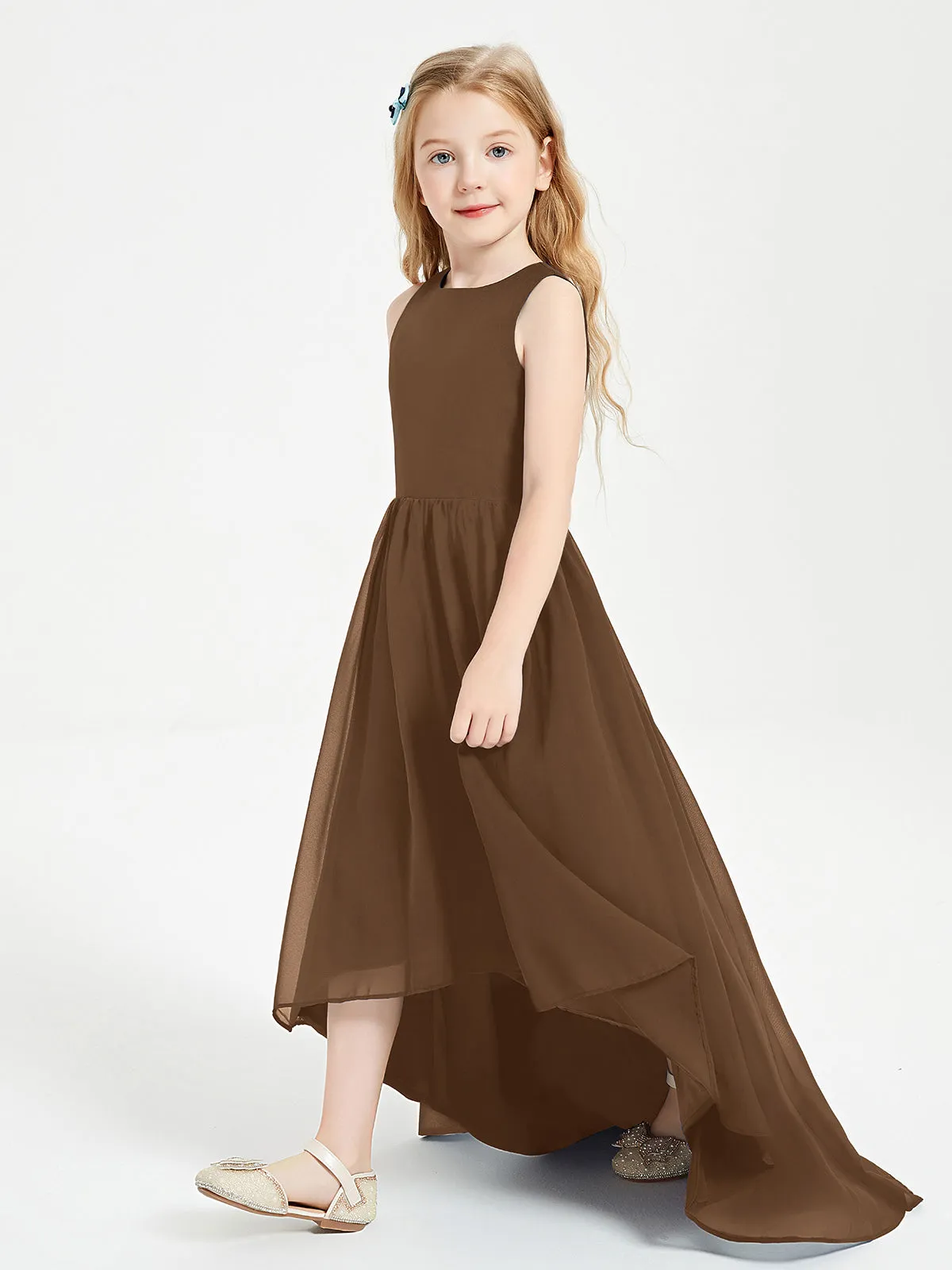 Exquisite Asymmetrical Junior Bridesmaid Dresses Scoop Neck Brown