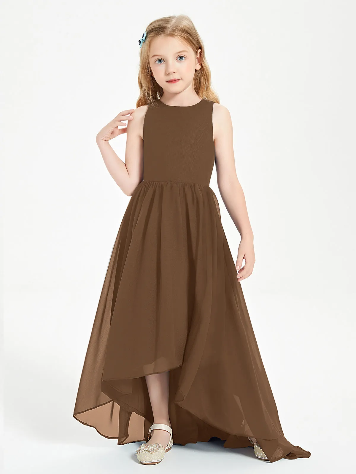 Exquisite Asymmetrical Junior Bridesmaid Dresses Scoop Neck Brown