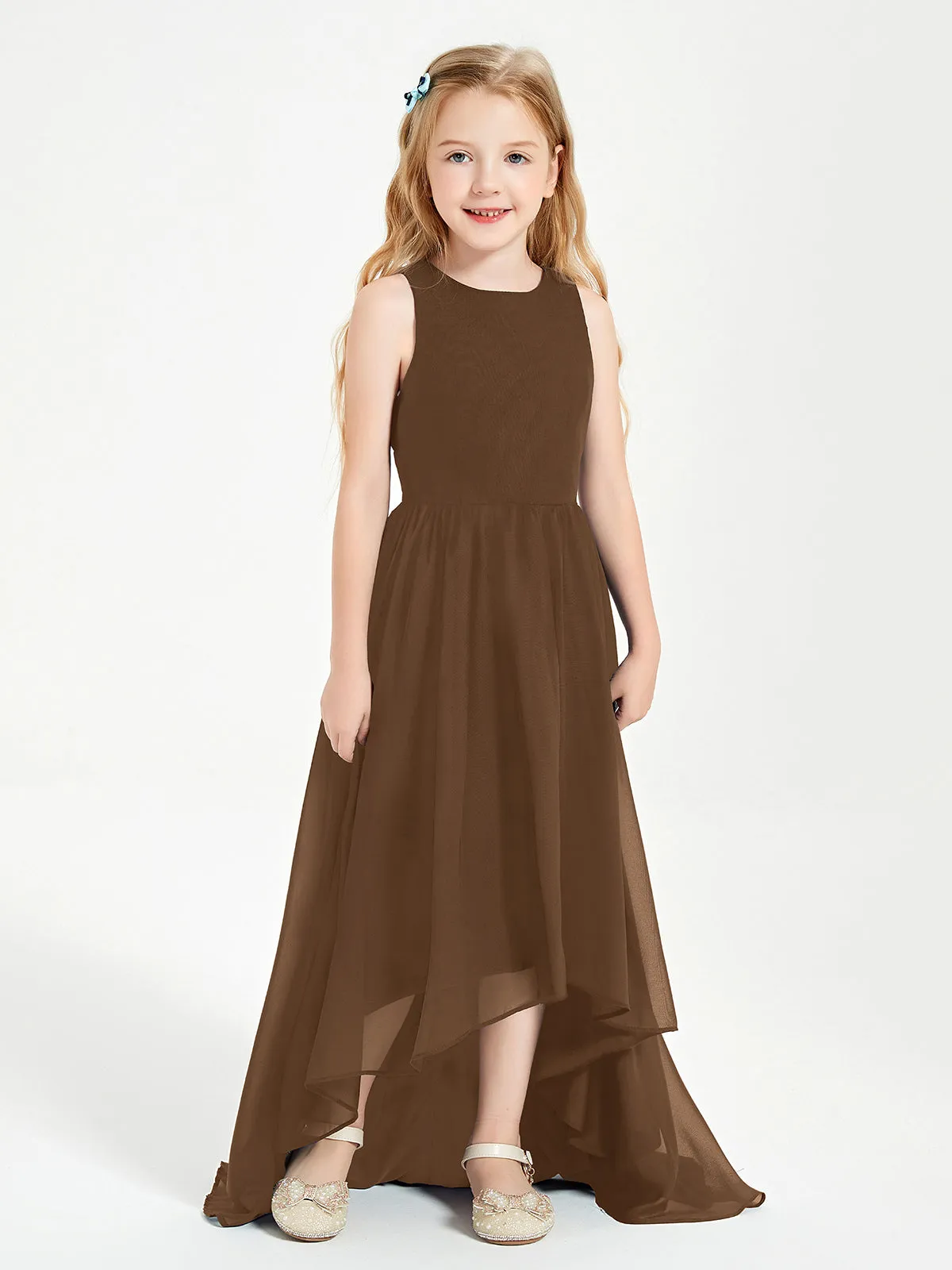 Exquisite Asymmetrical Junior Bridesmaid Dresses Scoop Neck Brown