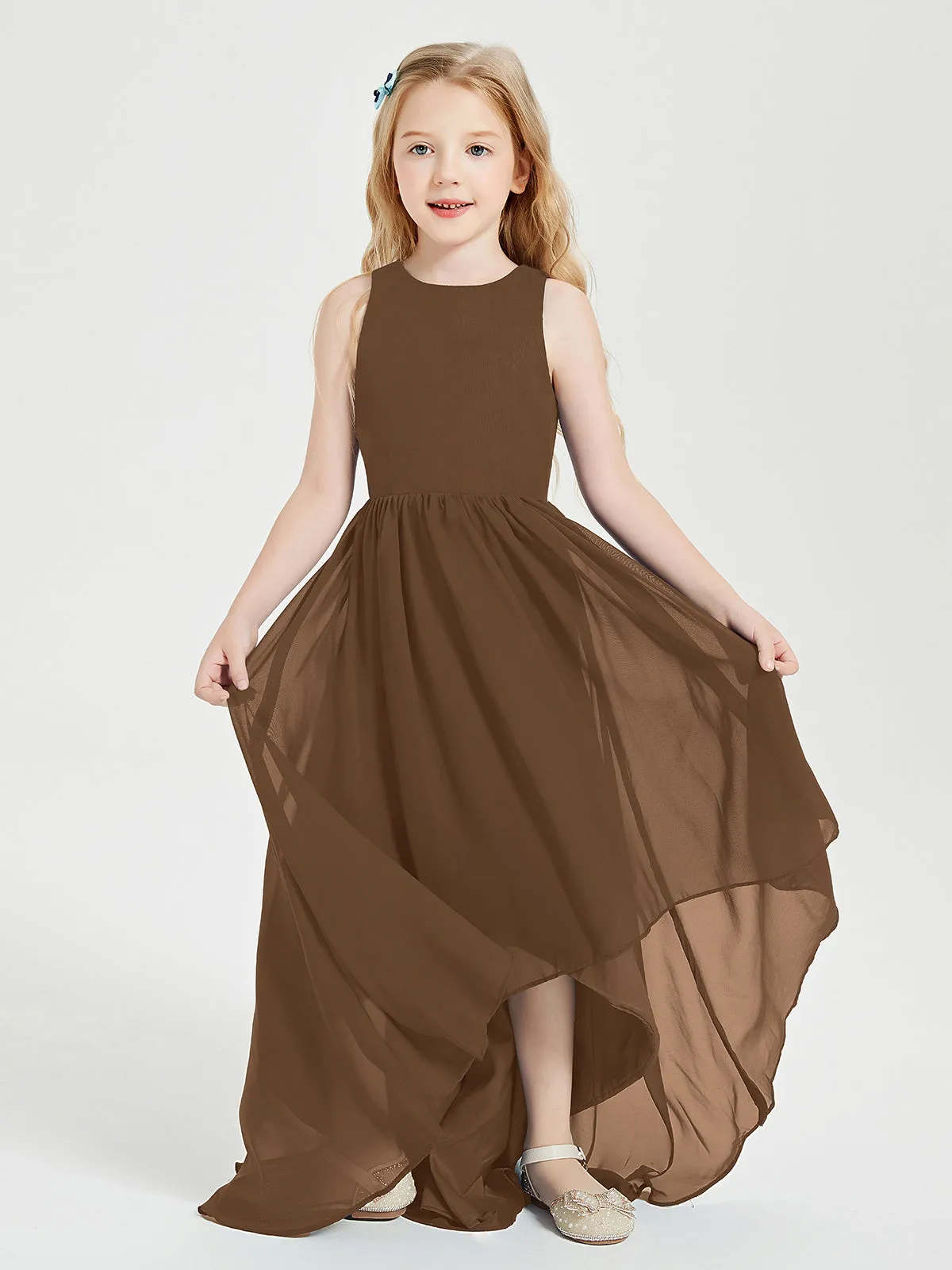 Exquisite Asymmetrical Junior Bridesmaid Dresses Scoop Neck Brown