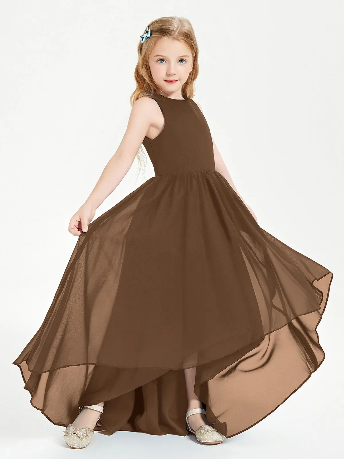 Exquisite Asymmetrical Junior Bridesmaid Dresses Scoop Neck Brown