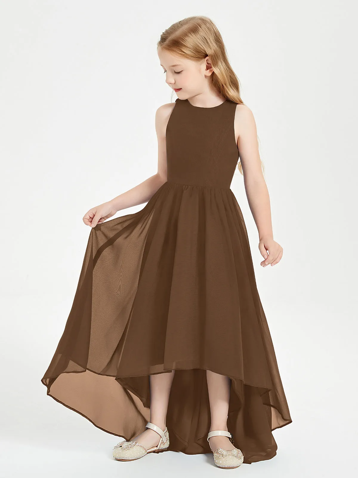 Exquisite Asymmetrical Junior Bridesmaid Dresses Scoop Neck Brown