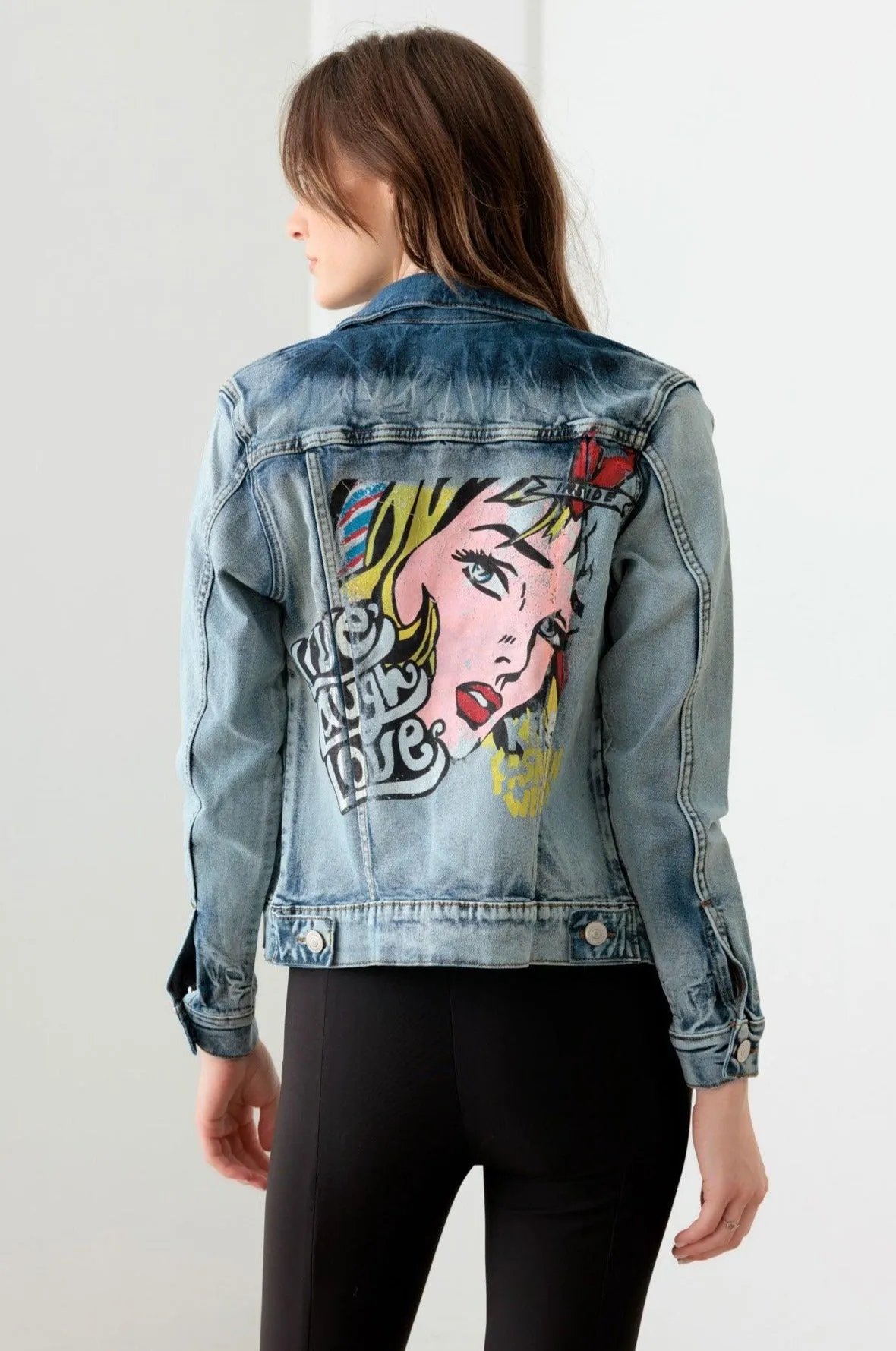 Face Graffiti Print Acid Wash Denim Jacket