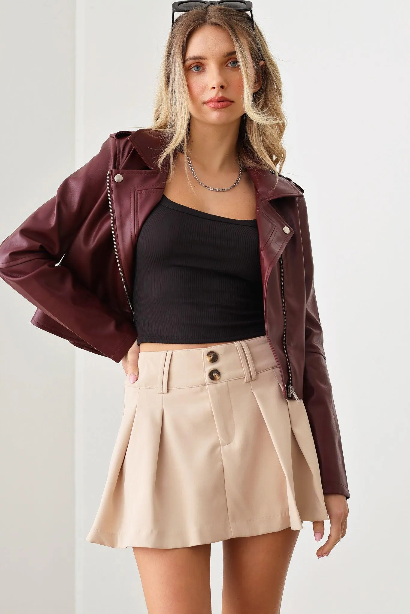 Faux Leather Collar Plain Zipper Biker Jacket