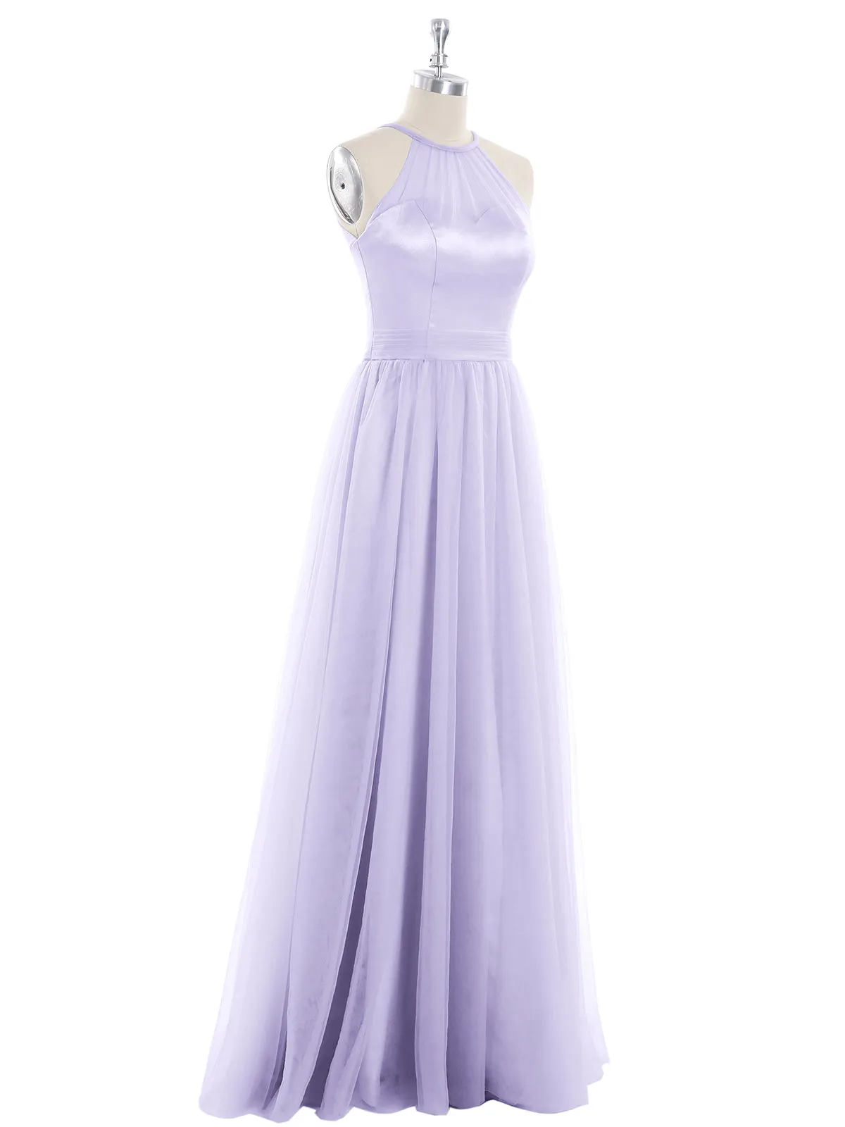 Illusion Neckline Long Tulle Dress-Lilac Plus Size