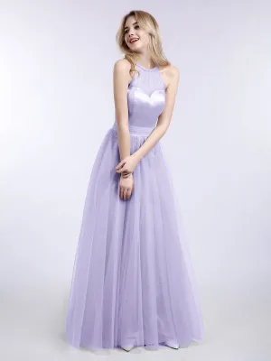 Illusion Neckline Long Tulle Dress-Lilac Plus Size