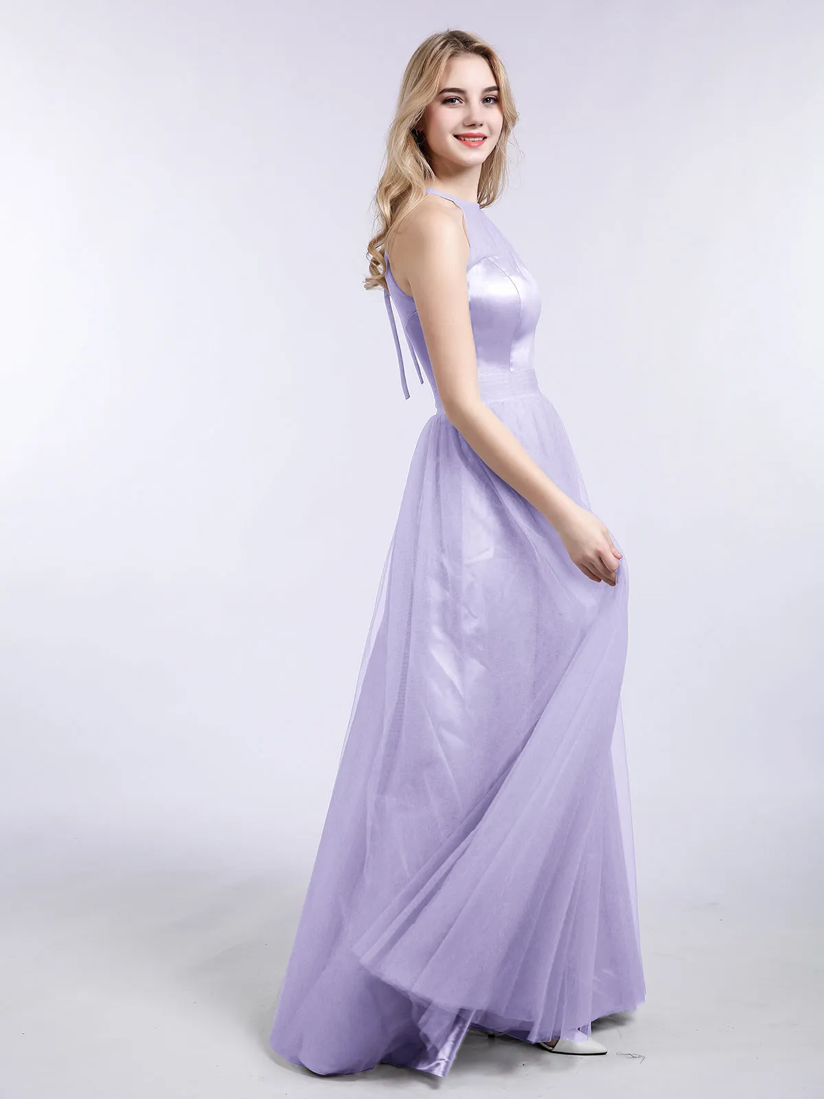 Illusion Neckline Long Tulle Dress-Lilac Plus Size