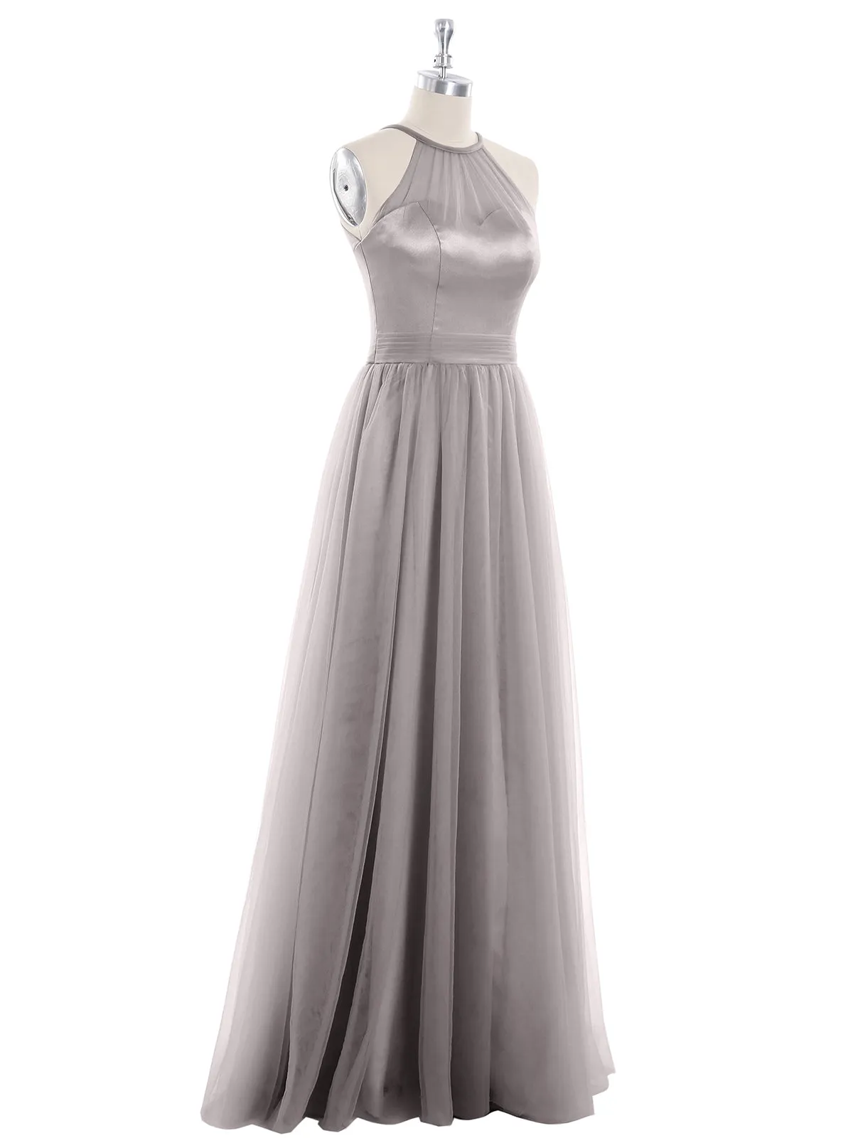 Illusion Neckline Long Tulle Dress-Silver