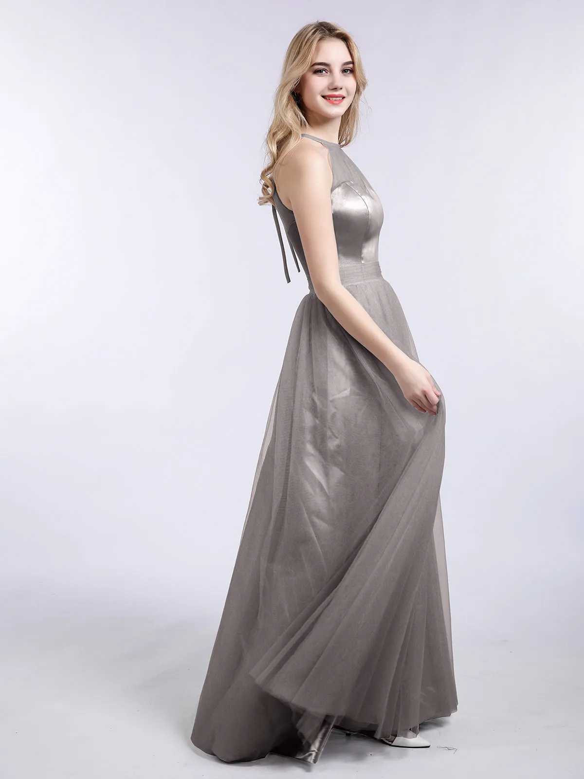 Illusion Neckline Long Tulle Dress-Silver