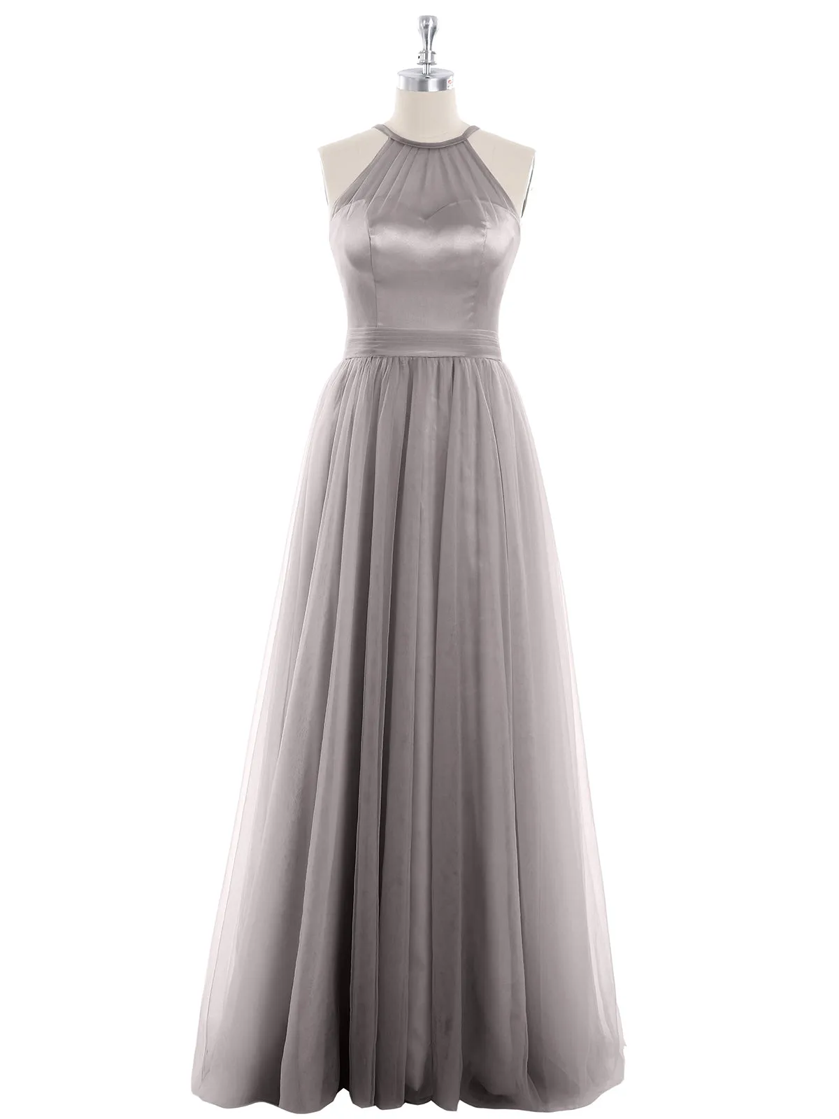 Illusion Neckline Long Tulle Dress-Silver