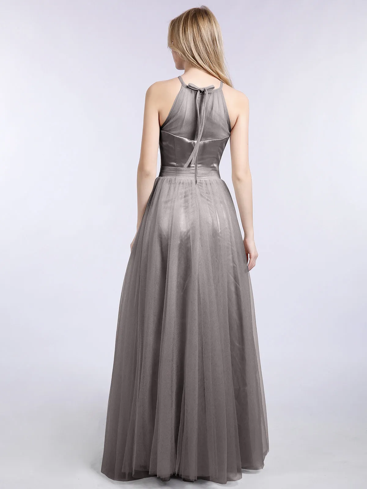 Illusion Neckline Long Tulle Dress-Silver