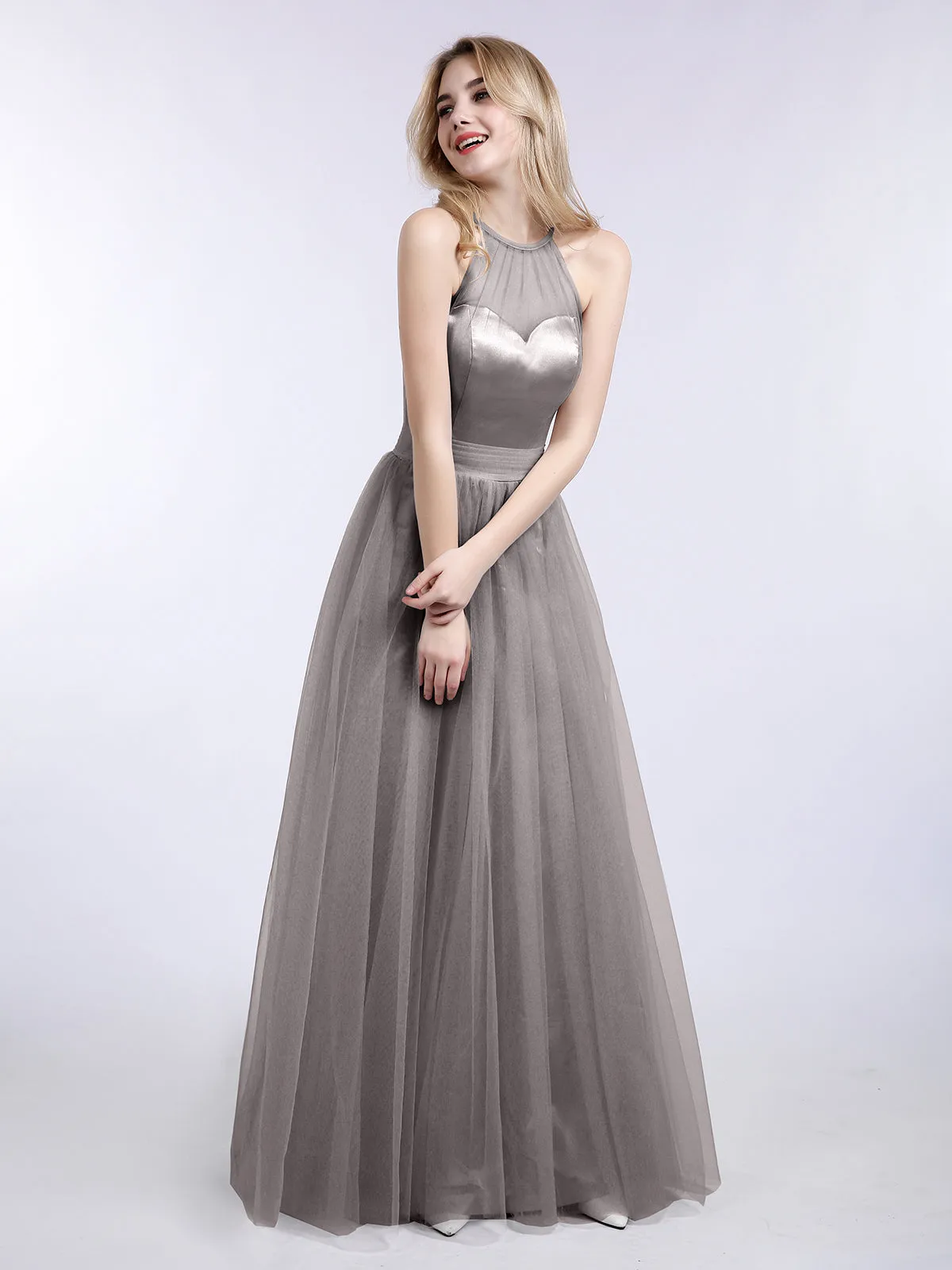 Illusion Neckline Long Tulle Dress-Silver