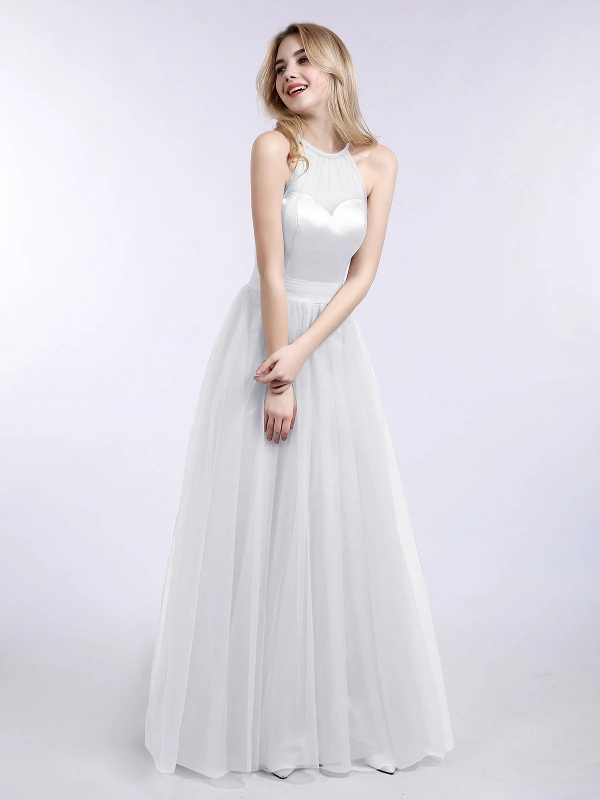 Illusion Neckline Long Tulle Dress-White Plus Size