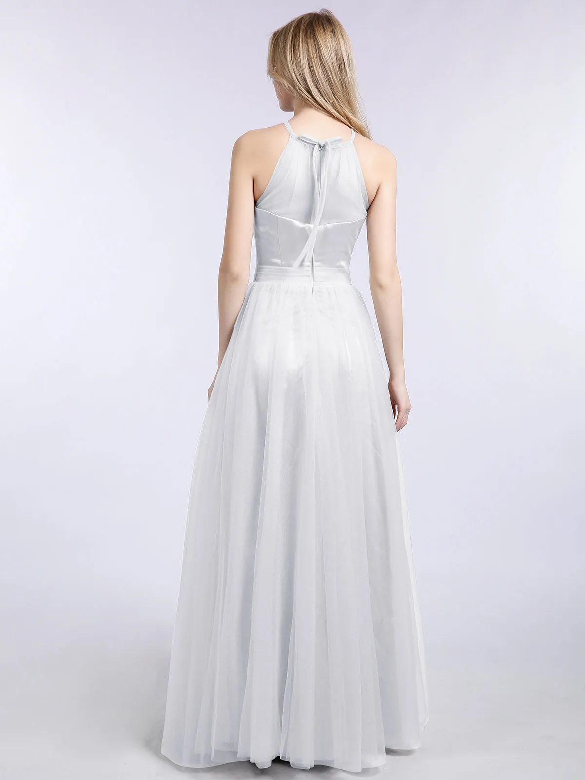 Illusion Neckline Long Tulle Dress-White Plus Size