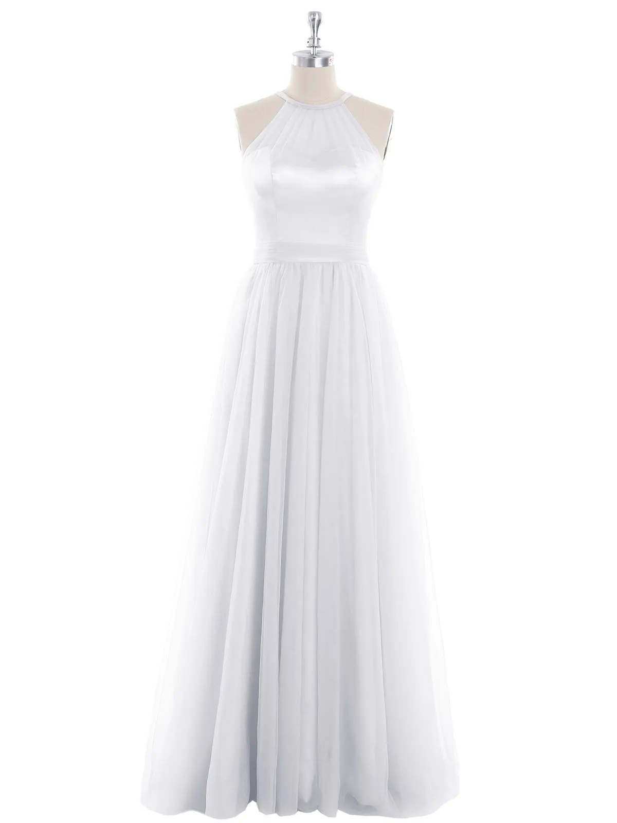 Illusion Neckline Long Tulle Dress-White Plus Size