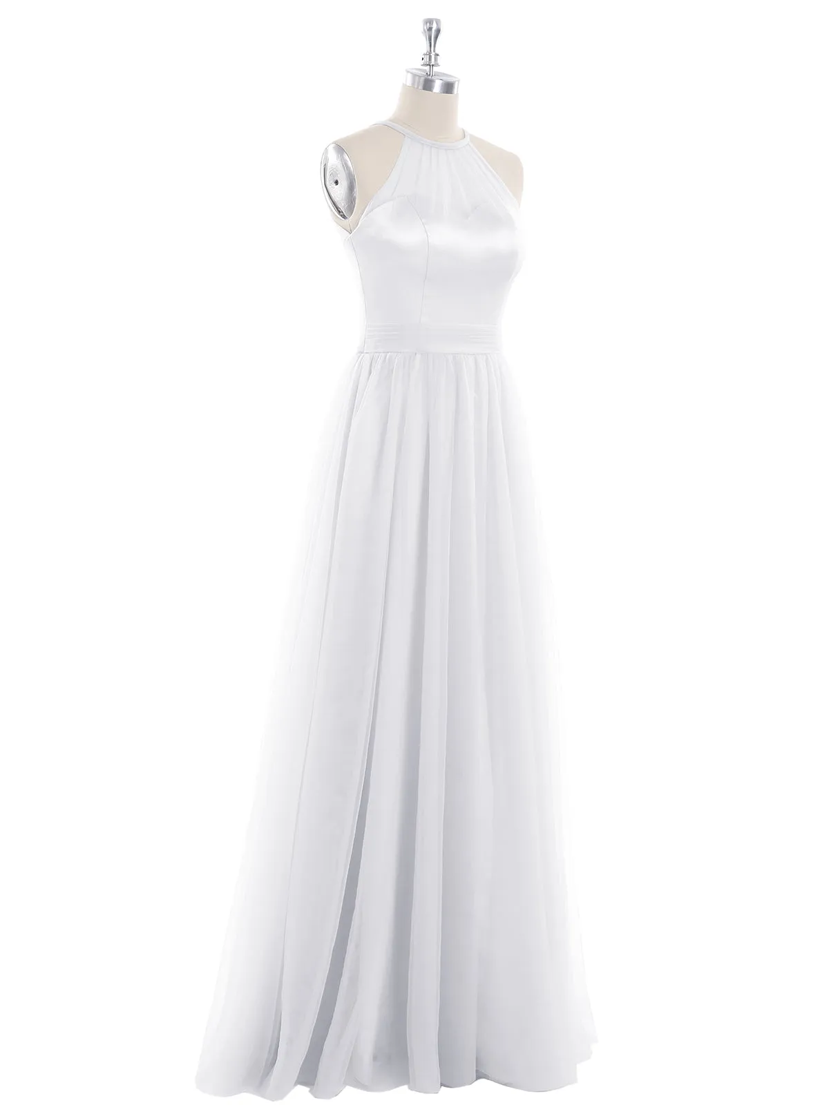 Illusion Neckline Long Tulle Dress-White Plus Size