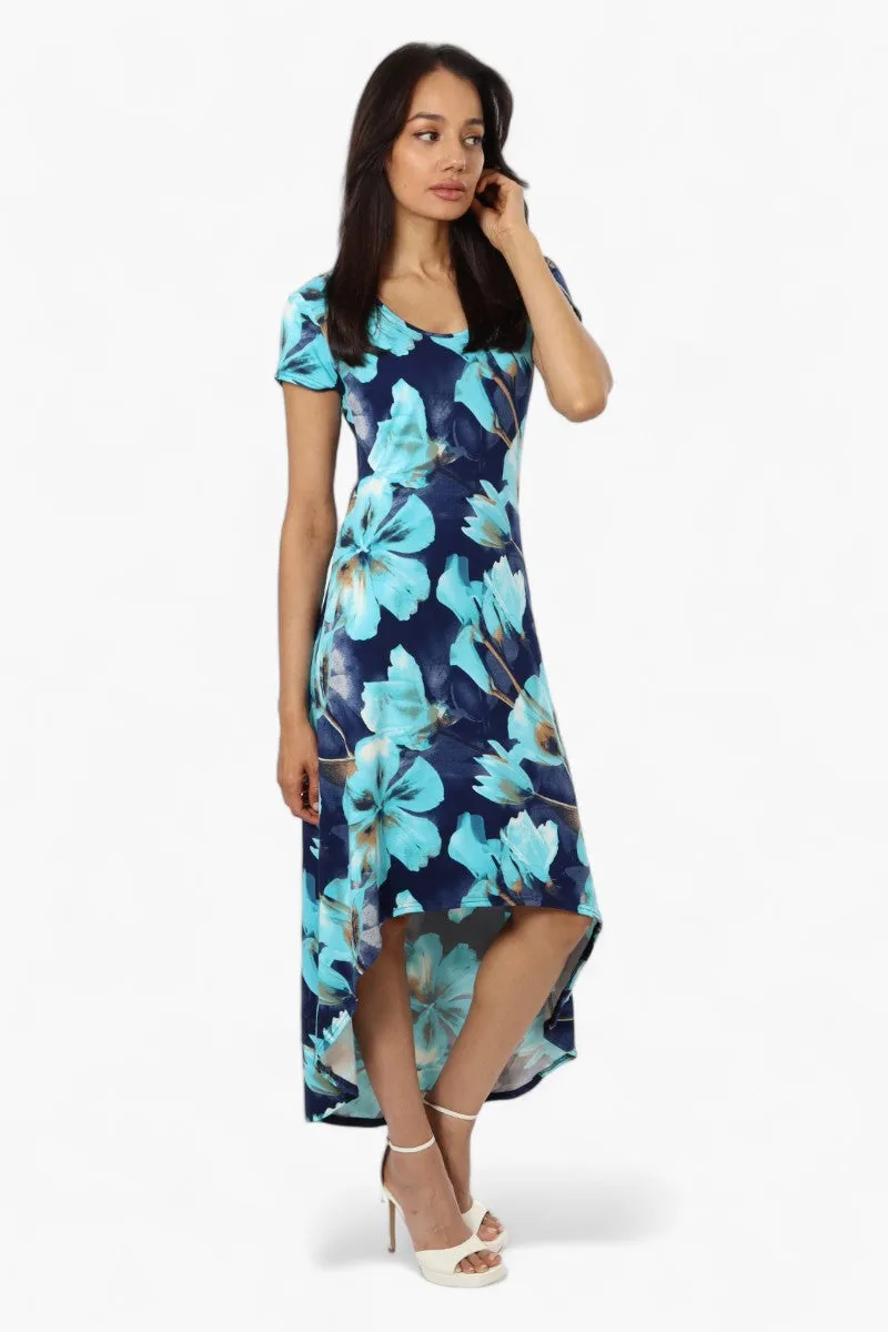 International INC Company Floral High Low Cap Sleeve Maxi Dress - Navy