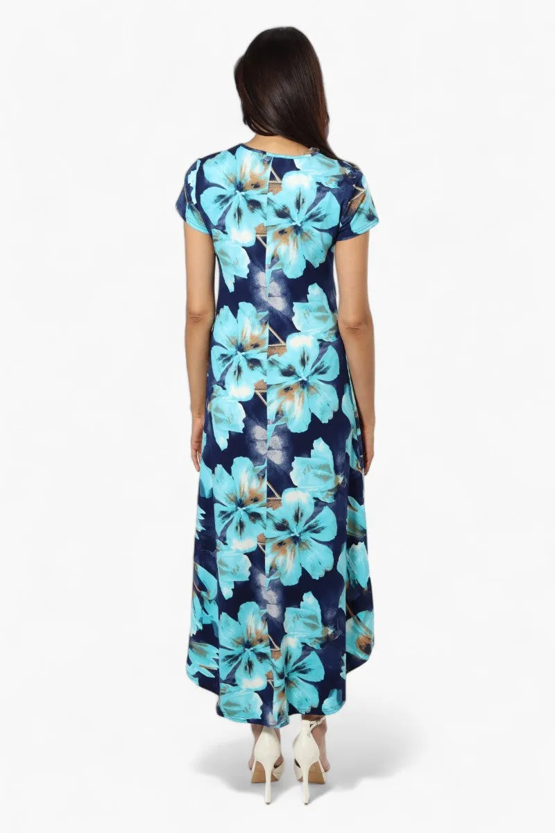 International INC Company Floral High Low Cap Sleeve Maxi Dress - Navy