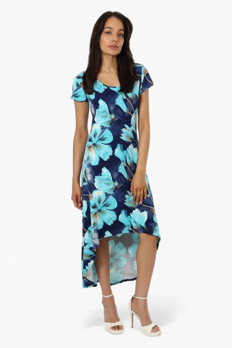 International INC Company Floral High Low Cap Sleeve Maxi Dress - Navy