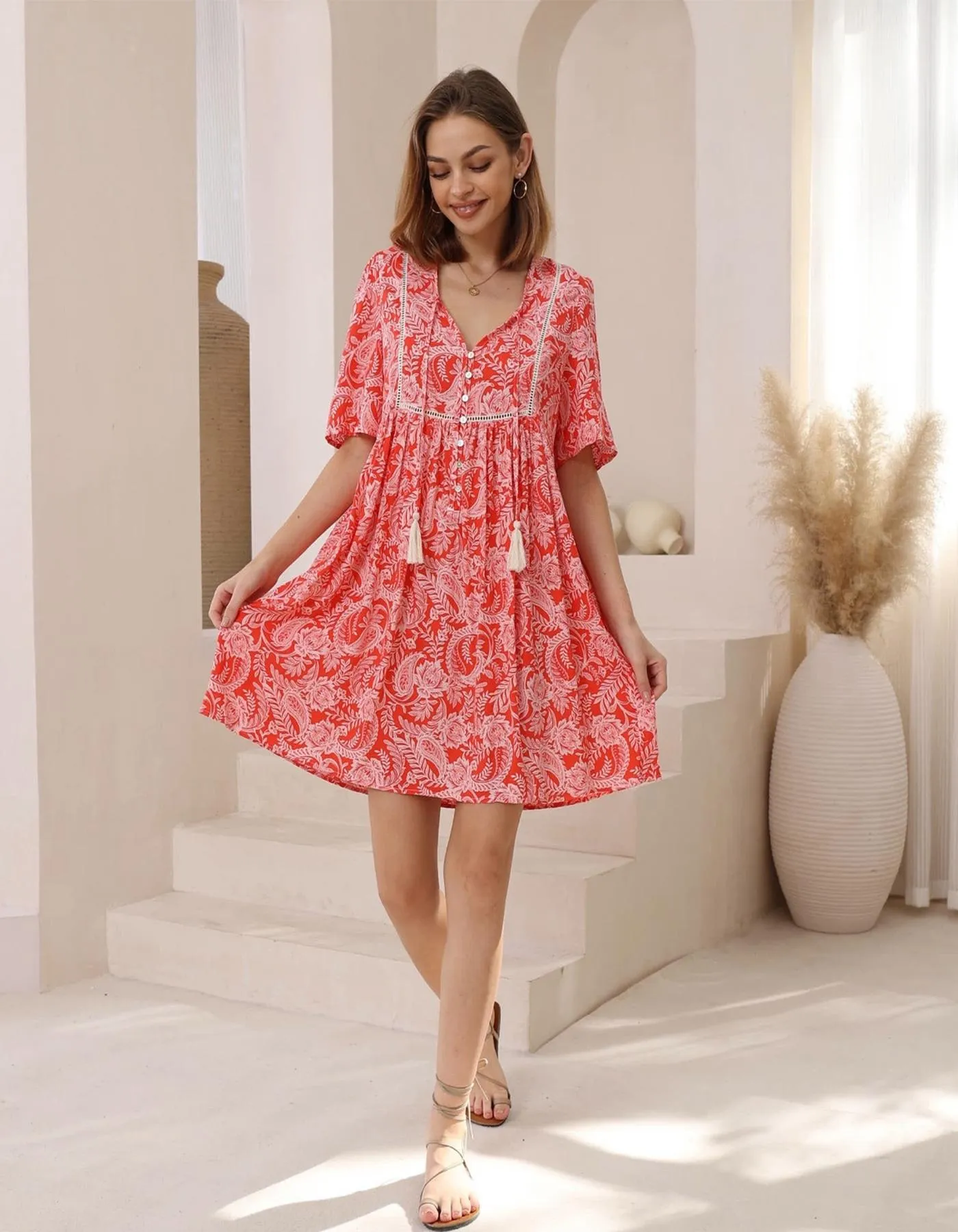 Lucca Relaxed Fit V Neck Dress in Red Print