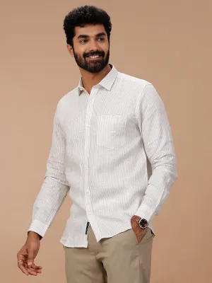 Men Pure Linen Shirt White with Olive Green Stripes - LS87