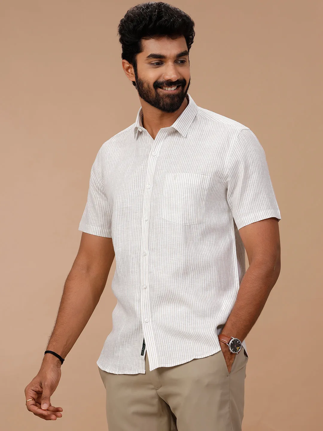 Men Pure Linen Shirt White with Olive Green Stripes - LS87